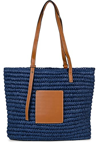 styleBREAKER Korbflecht Schultertasche aus Papierstroh mit Kunstleder Details | Damen Shopper Basttasche geflochten mit Reißverschluss | Strandtasche 43 x 34 x 4 cm, Farbe:Dunkelblau