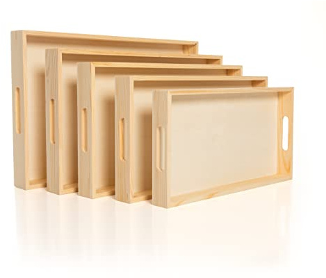 Wooden Nested Serving Trays, Unfinished Rectangle Trays with Cut-Out Handles for Crafts, Ottomans, Serving and Home Décor – Set of 5