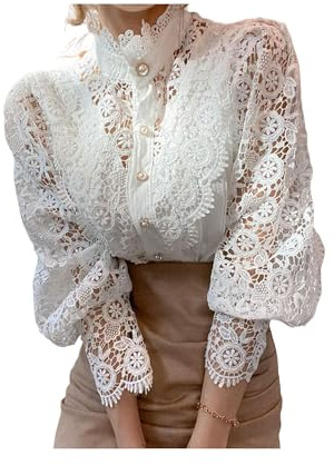 FRESQA Camicia Patchwork in Pizzo con Maniche a Petalo, Colletto alla Coreana, Scava Fuori, Camicetta in Pizzo da Donna, Top Bianco con Bottoni