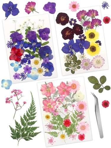 Cinvo 68 Pcs Real Dried Pressed Flowers and Leaves Natural Dried Petals Greenery with Tweezer for Candle Resin Jewelry Soap Nail Pendant Phone Case Crafts Making Floral Decors DIY Embellishments