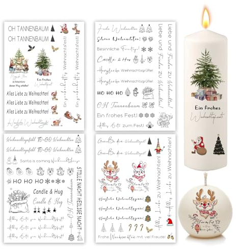 Bolosa 4 Stück Kerzentattoos Neujahr, Kerzentattoos Weihnachten, Kerzen Tattoo Happy New Year, Kerzen Aufkleber Weihnachten, Stabkerzen Weihnachten Aufkleber für Kerzen, Merry Christmas C