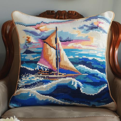 DIY latch hook kits Sailing boat on sea latch hook cushion kits Sea scenery Latch Hook Cushion Kit,DIY Pillow Cover Making Craft Printed Canvas for Beginners Embroidery Crafting Pillow 43x43cm
