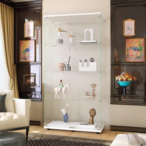 Vetrina in vetro, 4 ripiani, armadio portaoggetti in vetro su piedistallo, doppia porta, vetrina da collezione, vetrina con serratura, per camera da letto e soggiorno, 80 x 36 x 163 cm (doppia porta,
