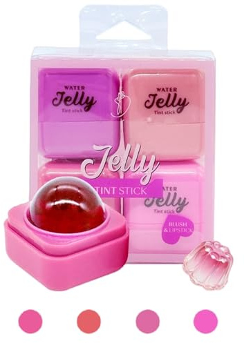 Jelly Blush Stick Set,Water Jelly Blush Tint Stick Lip & Cheek Stain,Hydrating & Bouncy Jelly Texture,4 Colors Highly Pigmented Moisturizing Lips Blush Stick for Natural Glossy Look