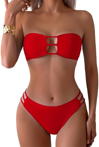 Tainehs Women's Two Piece Strapless Bikini Sets Bandeau Cutout Swimsuit High Cut Bathing Suits Red