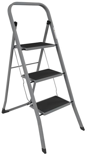 Home Vida 3 Step Ladder - Heavy Duty Steel Folding Ladder with Slip-Resistant and Wide Steps, Folding Mechanism, 150kg Max Load, Home/Kitchen/DIY/Garden Use, Grey
