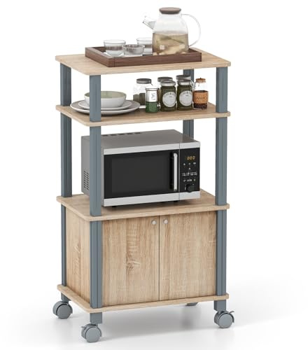 COSTWAY Scaffale da Cucina per Microonde Carrello da Cucina, con Ruote e 2 Ante, Multifunzionale e Movimento Flessibile, 60x40x98 cm (Naturale)