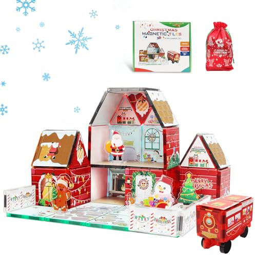 MAYAPHILOS 60 pezzi di mattoncini magnetici con 1 auto, Babbo Natale, rotolo, pupazzo di neve, mattoncini magnetici per bambini e bambine di 3 anni