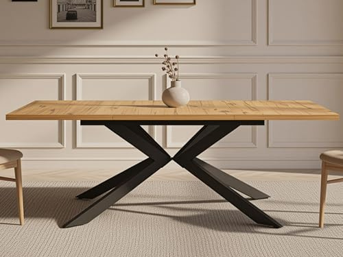 DUBI Möbel MALTE Esstisch ausziehbar 140–180–220 × 90 × 76 cm, Eichen Optik, Metall Sternfuß-Gestell, modern & pflegeleicht, 6–10 Personen