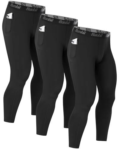 Runhit Men’s Running Leggings with Pockets, 1/3 Pack Compression Pants Sports Tights, Thermal Base Layer Trousers for Gym Football Cycling Jogging