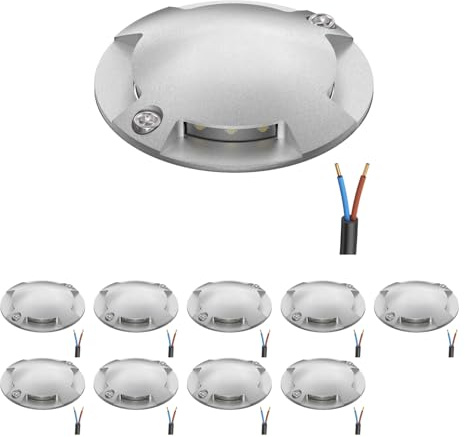 ledscom.de 10 pièces LED lampe de sol, marquage de chemin RUNDA pour l'extérieur, IP67, 4-flamme, aluminium, rond, 70mm Ø, blanc chaud