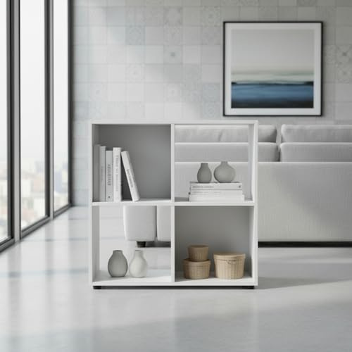 INDE MOBLEKIT | Estantería Cubo 4 Compartimentos 60x29.7x60 cm, Mueble Auxiliar Blanco de Madera, Estantería Baja para Cocina o Dormitorio, Estanterías Almacenaje Compactas