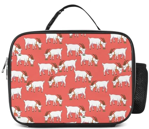 MEIKKO White Goats Horns Red Lunch Box Insulated Lunch Bag for Men & Women Durable Lunchbox for Work with Water Bottle Holder