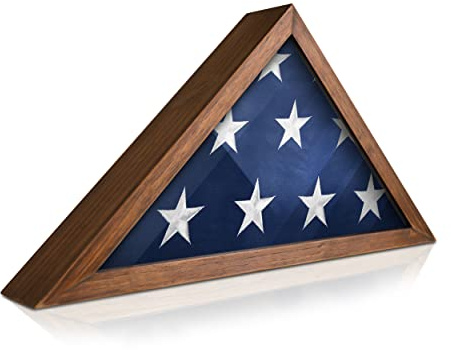 HBCY Creations Flag Display Case for 5' x 9.5' American Veteran Burial Solid Wood Rustic Brown Frame with Glass Front Wall Mount or Standing Display, Box