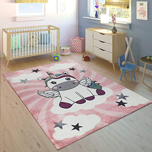 Paco Home Alfombra Habitación Infantil Niña Moderna Unicornio sobre Las Nubes En Rosa Y Lila, tamaño:80x150 cm