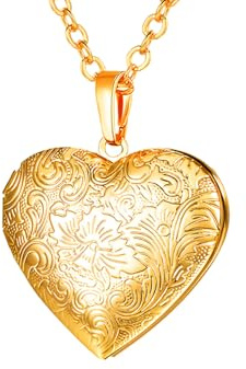 U7 Collier Femme Porte Photo Plaqué Or Jaune Pendentif Médaillon Coeur Motif Fleur avec Chaîne 50cm - Bijoux Femme Pas Cher