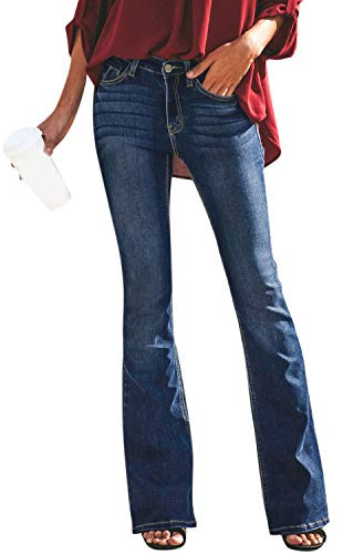 Petalum Women Flared Jeans Bootcut Trousers Solid Color Fashion Slim Fit High Waist Stretch Skinny Denim Pants with Holes(Blue,12/tag XL)