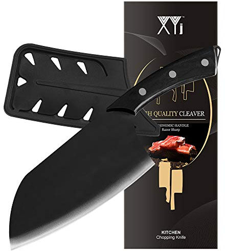 XYJ 7 Inch Deba Knife Butcher Knife with Blade Guard Full Tang Kitchen Cooking Knife Bone Knife Razor Sharp Blade Chopping Knife for Meat