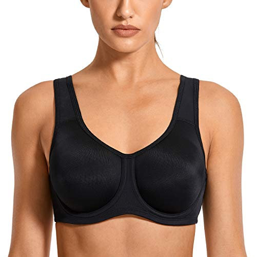 SYROKAN Women's Max Control Solid High Impact Plus Size Underwire Sports Bra for Large Breasts Black 38H
