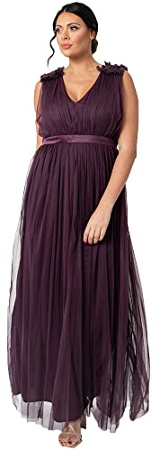 Maya Deluxe Vestido Mujer con Cuello en V con Volantes, sin Mangas, Cintura Imperio Alta, Largo para invitadas de graduación, Boda, Dama de Honor, Frutas del Bosque, 46