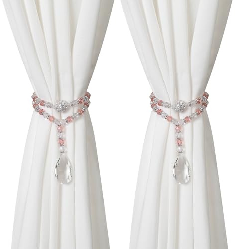 SUQ I OME 1 Pair of Luxury Crystal Beaded Magnetic Curtain Tieback and Holdback Curtain Clips Curtain Buckle Curtain Holder Blingbling Curtain Holdbacks for Drapes,Pink