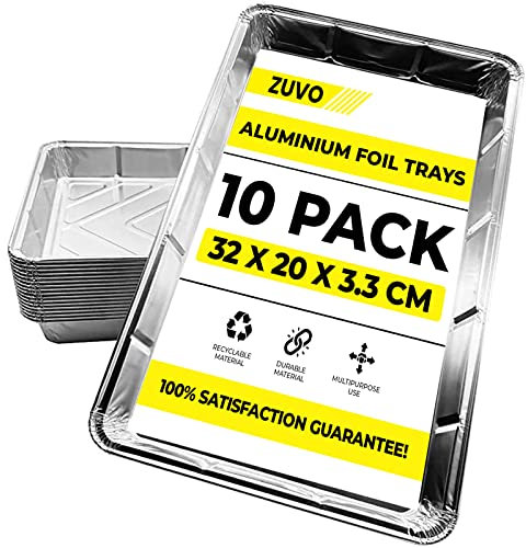 Zuvo Aluminium Foil Baking Trays - (10 Pack) - 32cm x 20cm x 3.3cm - Foil Trays for Cooking, Freezing, Serving and Storing Tray - Oven Baking Trays