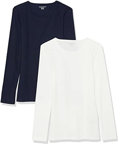 Amazon Essentials Top Girocollo in Maglia a Costine a Maniche Lunghe vestibilità Slim (Disponibile in Taglie Forti) Donna, Pacco da 2, Bianco/Blu Marino, XXL
