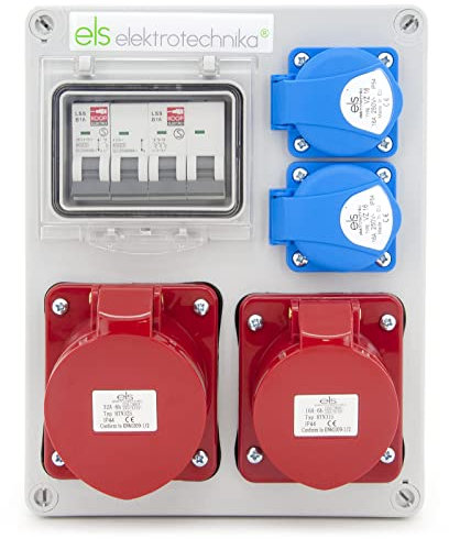 ELS Elektrotechnika Répartiteur de courant de chantier, répartiteur mural avec prises 2 x 230 V + 1 x LS B16 & 1 x CEE 16 A + LS B16 et 1 x CEE 32 A (non sécurisé) pour ateliers et usines