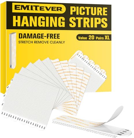 Emitever Picture Hanging Strips Extra Strong - Heavy Duty Adhesive Wall Hooks, No Nails Damage-Free Hanging, 20 Pairs (40 Strips) 100mm x 20mm White - for Frames, Signs & Home Decor (XL)