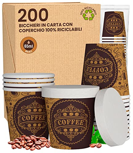 200 Bicchierini in Carta per caffè 65ml ASPORTO PubCUP con COPERCHIO in carta Bicchieri Ecologici Biodegradabili Monouso Piccoli Asporto Bevande Calde + 200 coperchi