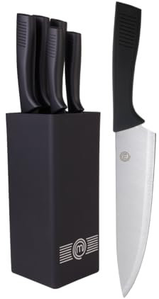 MasterChef Messerblock mit Messer Kuchenmesser Set mit Santokumesser, Brotmesser, Kochmesser, Gemüsemesser und Allzweckmesser, Edelstahl, Scharfes, 5-teilig, Soft-Touch-Griffe