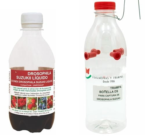 Bricoloco Kit Trampa Moscas de la Fruta roja capturas masivas- Insecticida atrayente con feromonas para el Control de la Drosophila suzukii en Frutas Rojas y de Verano (1)