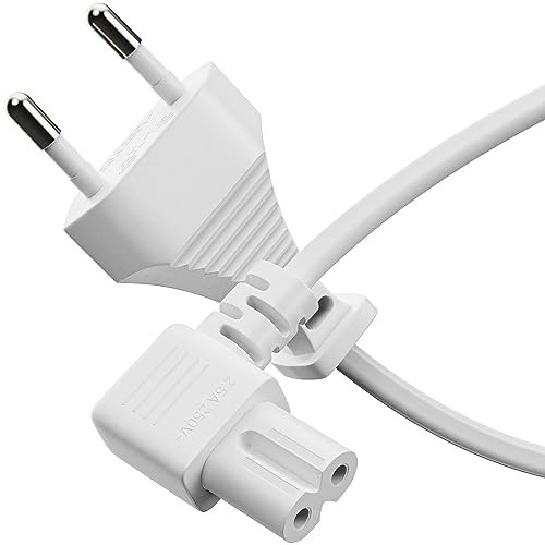 Cable de alimentación sonero Cable de alimentación de 2 Clavijas, 5,00 m, euroconector Tipo C a Toma IEC C7 euroconector 8, Cable de ángulo de 90° para TV, PS5, PS4, PS3, Blanco