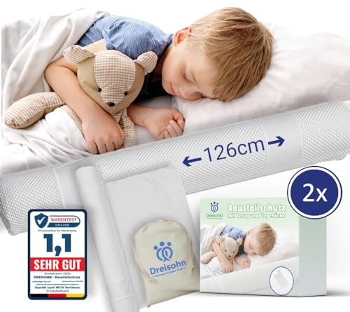 Dreisohn® Aufblasbarer Bett-Rausfallschutz (126 cm, inkl. Stoffüberzug und Baumwollbeutel) – Tragbares Bettgitter und Absturzsicherung für Kinder – Ideal für Reisen und Zuhause
