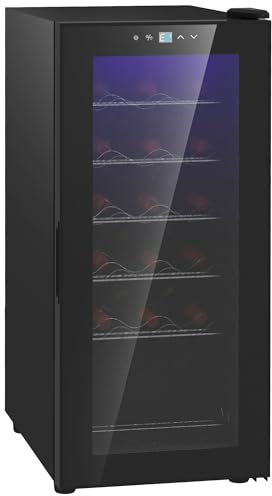 HOMCOM Nevera Vinos 18 Botellas 50L Vinoteca con Luz LED Interior Pantalla LED Táctil Digital Control de Temperatura Puerta de Vidrio Anti-UV y 5 Estantes de Metal Negro