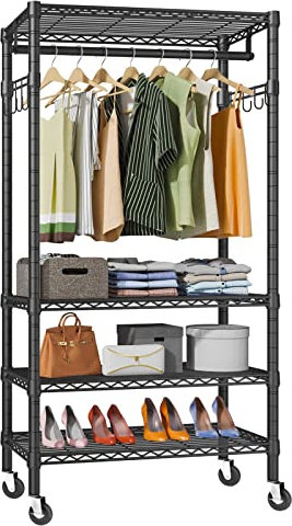 Wooruy Kleiderständer Stabil mit Schuhregalen und Rollen,Klamotten Ständer für Garderobenstange Kleiderschrank Klein,Offener Kleiderschrank mit 3 Ebenen und Haken,Belastbar bis 180 KG,schwarz