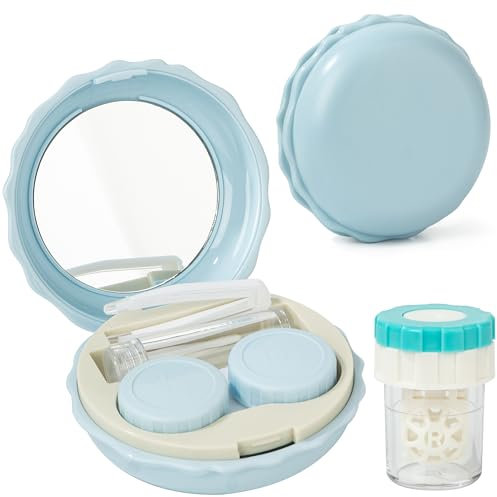 Esdallina 1 Pcs Blue Macaron Contact Lens Travel Case with Cleaner Portable Contact Box with Mirror Tweezers Solution Bottle