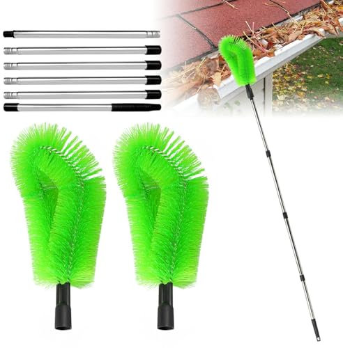 Gutter Cleaning Tools Telescopic, Afenau 2.5M/8Ft Telescopic Gutter Cleaner with 6 Poles and 2 Cleaning Brushes, Gutter Cleaning Brush, Roof Gutter Cleaner Equipment for Removing Leafy Debris (Green)