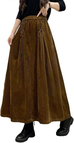 FENXIXIONE Falda de cordura de cintura alta elástica para mujer, con cordón, atada al frente, en forma de A, plisada, larga hasta el suelo, con bolsillos, para otoño e invierno, marrón, XL