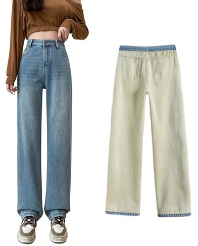 LAEMILIA Jean Doublé Polaire Femme Taille Haute Pantalon en Denim Thermique Jeans Hiver Chaud à Jambes Larges Jean Fourré Femme Coupe Ample Grande Taille XS-XXL/FR 34-44