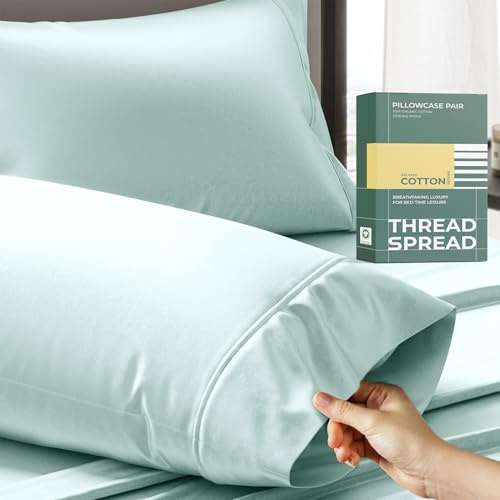 THREAD SPREAD 100% Organic Cotton Pillow Cases Set of 2 Queen/Standard Size - Soft, Cooling, Crisp & Breathable Organic Cotton Percale Weave Pillowcase for Queen Pillow (Sea Foam), GOTS Certified