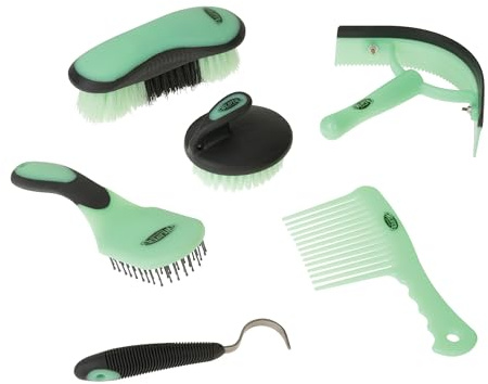 Weaver Equine 6-Piece Horse Grooming Kit, Ergonomic Gentle Horse Care Kit, Equestrian Supplies for Bathing Support, Detangling, and More, Mint/Gray