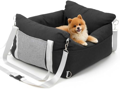 The Fellie Dog Car Seat for Medium Dogs, Portable Travel Bed with Storage Pockets, Waterproof Dog Booster Seat with Removable Cushion, Non-Slip Pets Travel Carrier Bed with Safety Leash, Black