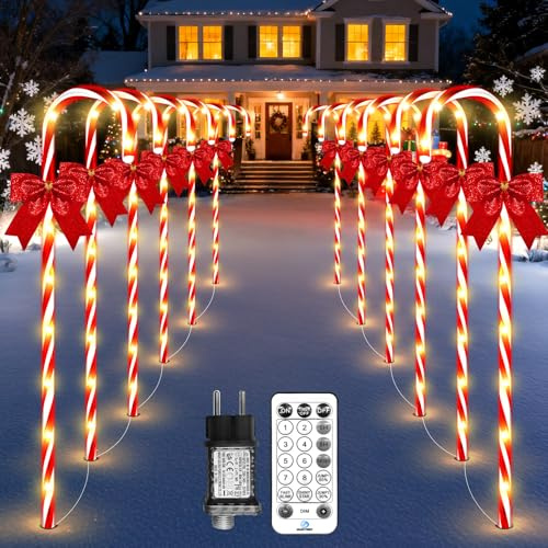 FLSEPAMB Luci di Natale da Esterno, Canna di Caramella Luci da Giardino, Decorazioni Natale Esterno di Candy Cane, 12 Modalità di Illuminazione per Decorazioni Natalizie da Esterno/Interno 12pezzi
