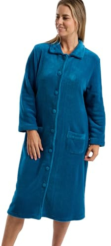 Marlon Womens Ramona Cosy Coral Fleece Housecoat | Soft & Warm Robe With Button or Zip Closure, Neat Collar & Pockets