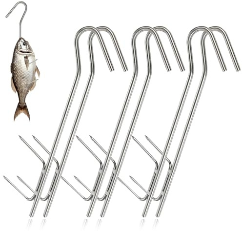QSHXXROI 6 Stück Räucherhaken Edelstahl, Doppelhaken mit zwei Hakenspitzen, 21 cm Länge, für Fisch, Fleisch, Wurst und Schinken