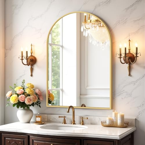 Atilioo Bathroom Mirror for Wall, 30x20 Inch Arched Mirror, Matte Gold Metal Framed Bathroom Vanity Mirror for Restroom Farmhouse, Anti-Rust, Tempered Glass, Hanging or Leaning