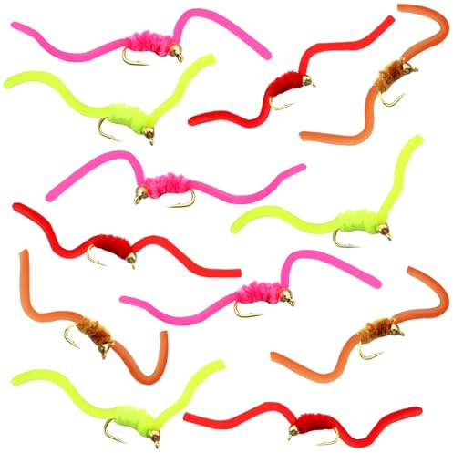 Soulchen 12 Pcs Squirmy Worms Fly Fishing Flies, Multicolor, Hook Size 10