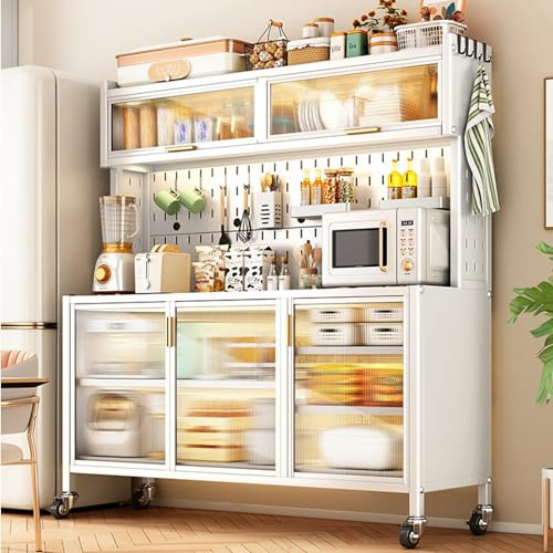 Armoire de rangement autoportante multicouche avec porte rabattable, étagère à micro-ondes sur roulettes verrouillables, armoire roulante peu encombrante pour petites cuisines