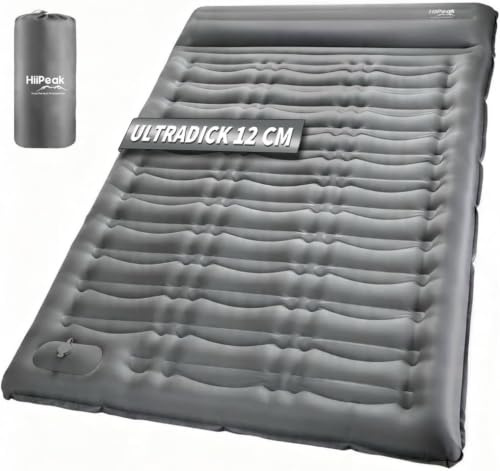 HiiPeak Matelas Camping à 12cm d’épaisseur – Matelas Gonflable avec Pompe à Pied Intégrée & Oreiller, Lit de Camp Pliable, Matelas Randonnée Ultra Léger, Tapis de Sol Autogonflant (Gris 2 Personnes)